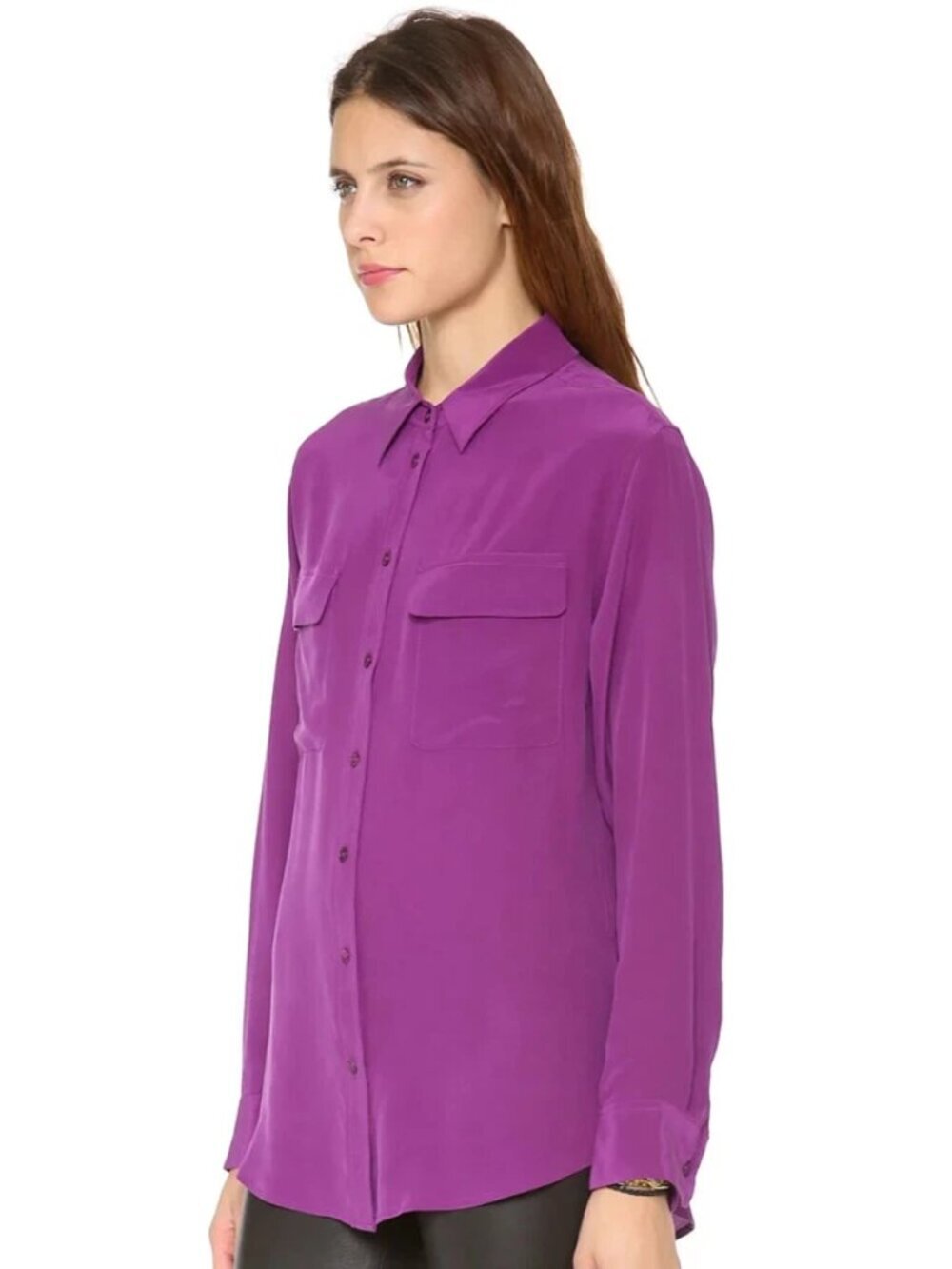 EQUIPMENT Slim Signature Purple 100% Silk Crepe Button Up Shirt, Size S
